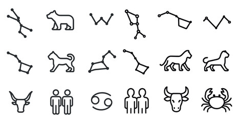 Constellations and zodiac outline icons set &ndash; astrology, stars, celestial symbols