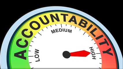 Concept illustration of accountability level with low to high meter indicator on black background. Ideal for business, management, performance, and evaluation visuals