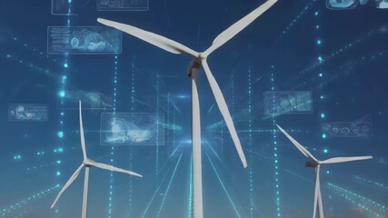 Futuristic wind turbines generate clean energy amidst glowing digital data streams and scientific, Glowing digital grid surrounding wind turbines, Sustainable energy and modern innovation . - Powered by Adobe