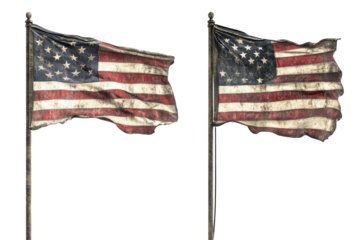Distressed vintage american flags waving on poles isolated on transparent background. American flags waving on flagpoles isolated on white background.