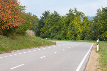 Fototapeta premium Road through forest in autumn, colorful foliage leaves, deciduous trees, landscape, fall season in Germany