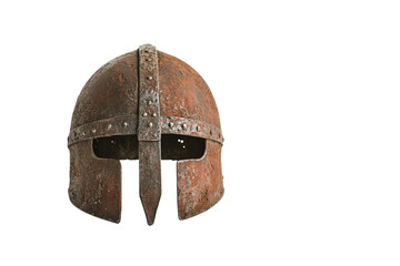 Ancient rusty medieval helmet isolated on transparent background. Viking helmet isolated on white background.