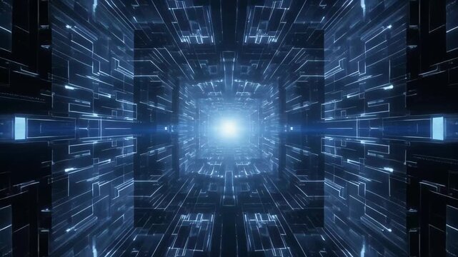 Futuristic digital tunnel with glowing blue lines and bright light .Futuristic digital tunnel with glowing blue lines, Abstract cyberspace and high-speed data flow concept.