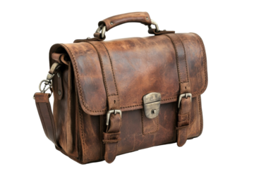 Vintage leather satchel bag isolated on transparent background. Vintage brown leather briefcase isolated on white background.