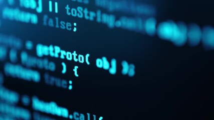 Close up of computer monitor screen with blue programming code, hacker background, software development, cyber security, coding technologies and digital innovation concept - Powered by Adobe