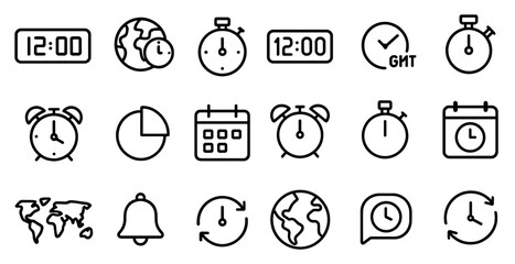 Fototapeta premium Time and clock outline icons set – linear, timing, schedule management symbols