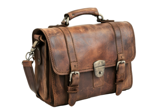 Vintage leather satchel bag isolated on transparent background. Vintage brown leather briefcase isolated on white background.