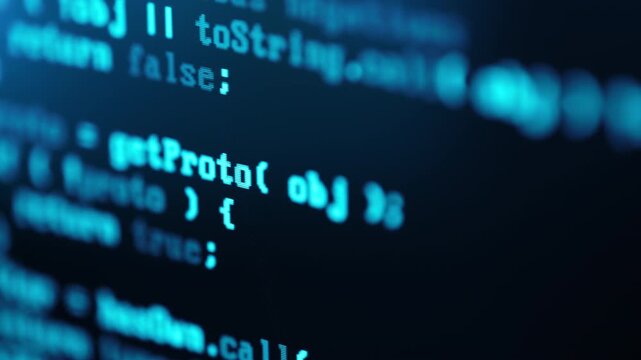 Close up of computer monitor screen with blue programming code, hacker background, software development, cyber security, coding technologies and digital innovation concept