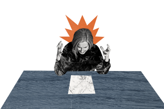 Collage picture elder senior woman aggression unhappy dissatisfied outraged scream document paper sheet business failure career employee