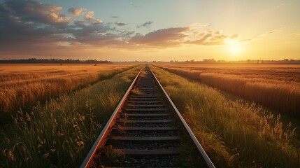 Obraz premium Abandoned Railway Through Golden Fields at Sunset