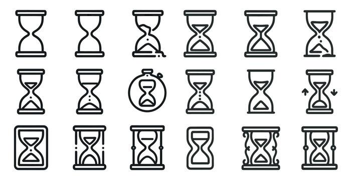 Time and clock outline icons set – linear, hourglass, stopwatch, timekeeping symbols