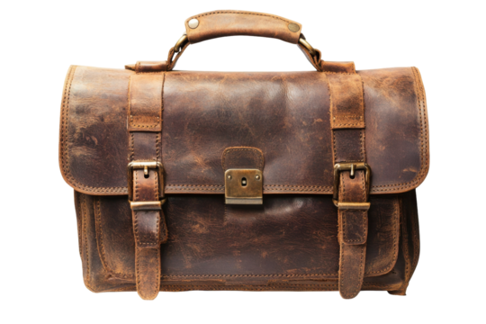 Vintage distressed brown leather satchel bag isolated on transparent background. Vintage brown leather briefcase isolated on white background.