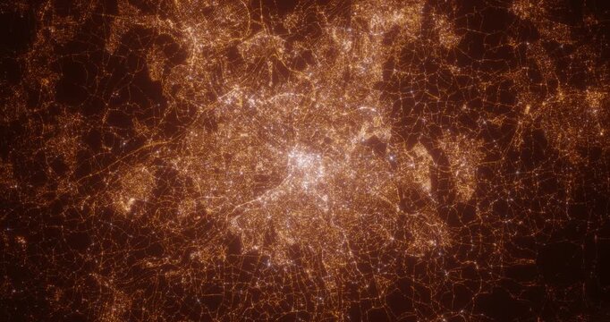 Sheffield (United Kingdom) top view at night. View on modern city from satellite. Camera is zooming in, rotating counterclockwise. Vertical video. The north is on the left side