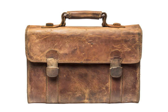 Vintage distressed brown leather satchel bag isolated on transparent background. Vintage brown leather briefcase isolated on white background.