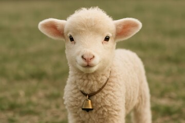 Fototapeta premium Adorable lamb with bell outdoors.