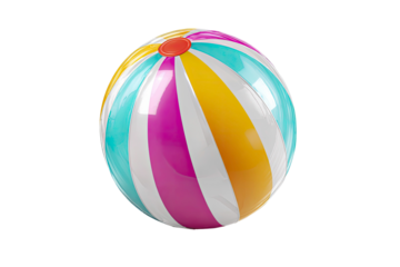 Colorful inflatable beach ball with striped pattern on transparent background