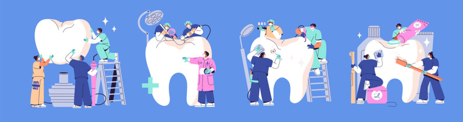 Concept set of dentistry, stomatology. Dentists examine, care about teeth, oral hygiene. Doctors do installation of dental implant, treatment of caries, whitening. Flat isolated vector illustrations