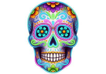 Colorful day of the dead sugar skull with vibrant floral patterns, isolated on transparent background