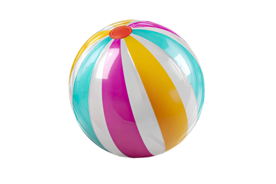 Colorful inflatable beach ball with striped pattern on transparent background