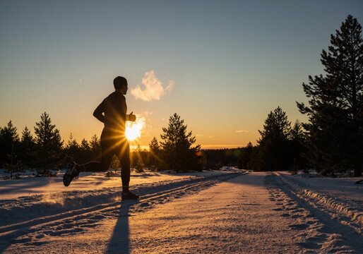 A silhouette of a runner runs along a snowy forest path at dawn