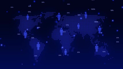 Blue Dotted World Map with Human Icons and Percentage Indicators on Dark Blue Background global earth - Powered by Adobe