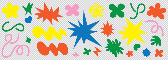 Abstract clouds and flowers shapes sticker set. Groovy funky flowers, bubbles, stars, loops and waves in trendy retro cartoon style. 