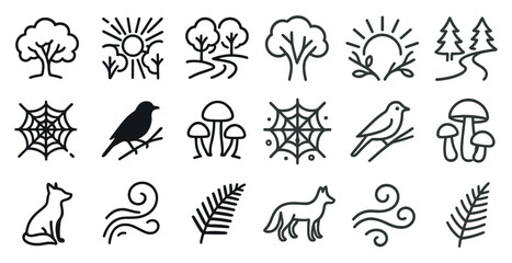 Fototapeta premium Nature and wildlife outline icons set – silhouette, fauna and flora symbols