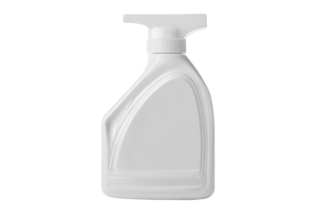 White plastic spray bottle isolated on transparent background. White plastic bottle liquid detergents laundry bleaching fabric softener isolated on white background.