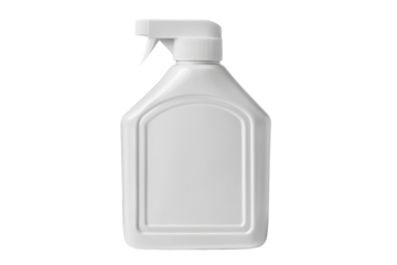White plastic spray bottle isolated on transparent background. White plastic bottle liquid detergents laundry bleaching fabric softener isolated on white background.