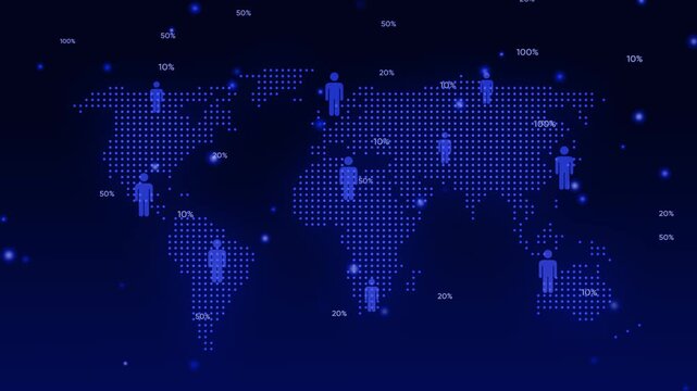 Blue Dotted World Map with Human Icons and Percentage Indicators on Dark Blue Background global earth