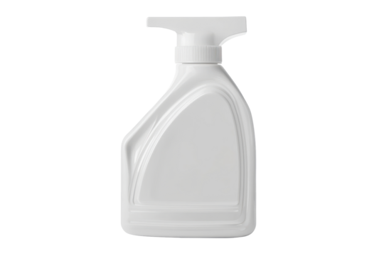 White plastic spray bottle isolated on transparent background. White plastic bottle liquid detergents laundry bleaching fabric softener isolated on white background.