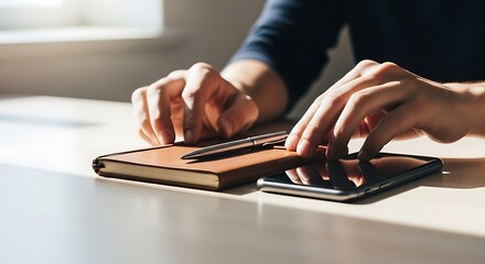 Hands working on a smartphone and notebook on a desk, depicting modern productivity that blends digital and analog tools for planning and efficient task management