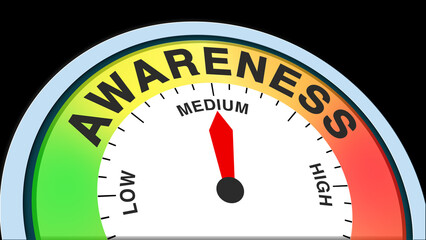 Concept illustration of medium awareness level with barometer/tachometer meter on black background. Ideal for mindfulness, perception, psychology, and educational visuals