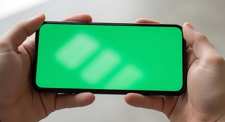 Smartphone with green screen held horizontally, perfect for adding custom content or backgrounds
