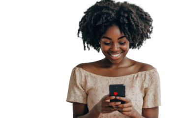 Young woman with glasses holding a smartphone isolated on transparent background. Woman holding a phone with red heart icons around her smiling isolated on white background.