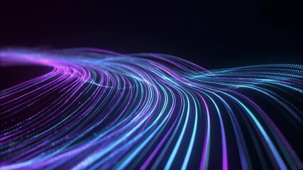 Abstract flowing neon light trails in a dark digital landscape representing data streams and glowing blue and purple lights, Futuristic circuit and data network visualization. - Powered by Adobe