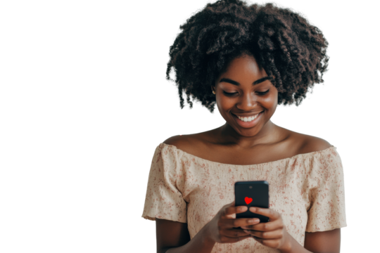 Young woman with glasses holding a smartphone isolated on transparent background. Woman holding a phone with red heart icons around her smiling isolated on white background.