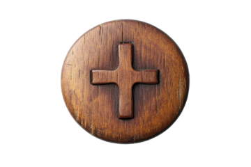Rustic wooden cross emblem isolated on transparent background. Wooden button with cross symbol in light texture isolated on white background.
