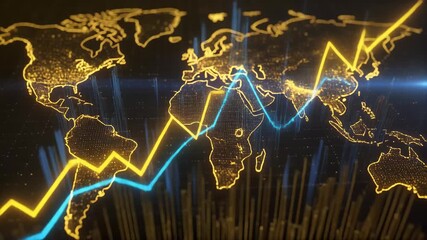 Global financial market trends visualized with glowing world map ,Dynamic global business data network, Global financial market trends with glowing digital charts and data connections. - Powered by Adobe
