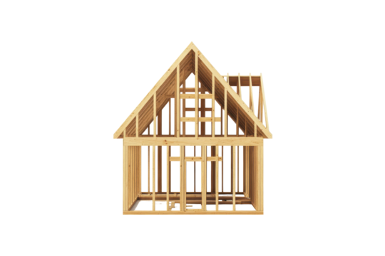 Wooden house frame construction isolated on transparent background. Wooden house frame isolated on white background.