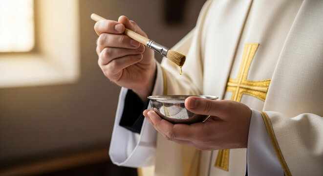 A man, a priest in white robes, holds a censer and a brush with blessed anointing oil while performing a blessing ceremony. Religious tradition. Catholicism.