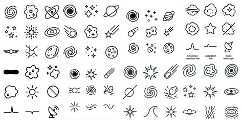 Space and astronomy outline icons set &ndash; linear, celestial, cosmic symbols for design
