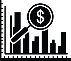 Black and white financial analytics icon with magnifying glass, dollar sign, and bar chart for business data visualization