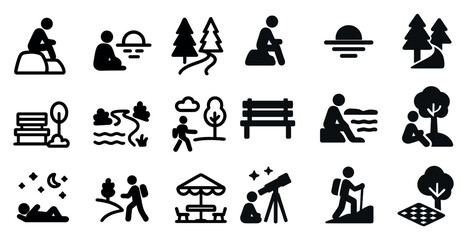 Obraz premium Nature and meditation solid icons set – filled, relaxation, mindfulness symbols