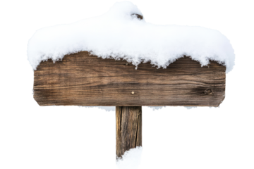 Rustic wooden sign covered in snow isolated on transparent background. Wooden signpost in snow isolated on white background.