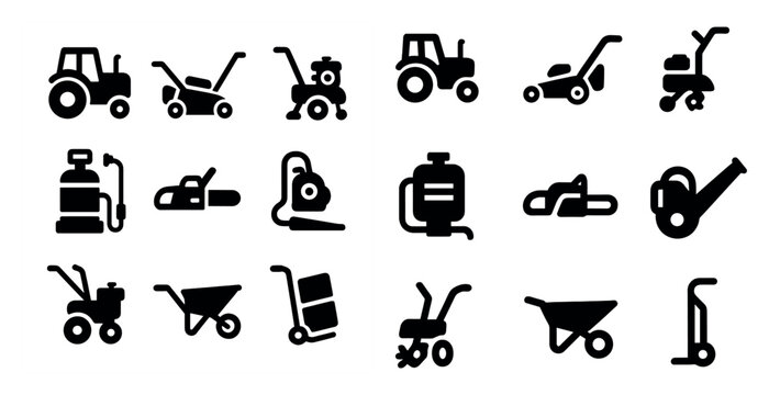 Agricultural equipment silhouette icons set – solid, farming, machinery tools collection