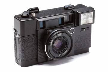 Vintage Black 35mm Film Camera on White Background