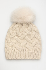 Beige Knitted Winter Hat with Pom Pom