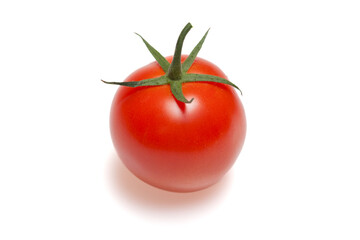 Single Fresh Red Tomato with Green Stem Isolated on White Background