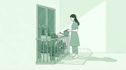 Minimalist Line Art of Woman Watering Home Garden Plants on Sunny Apartment Balcony